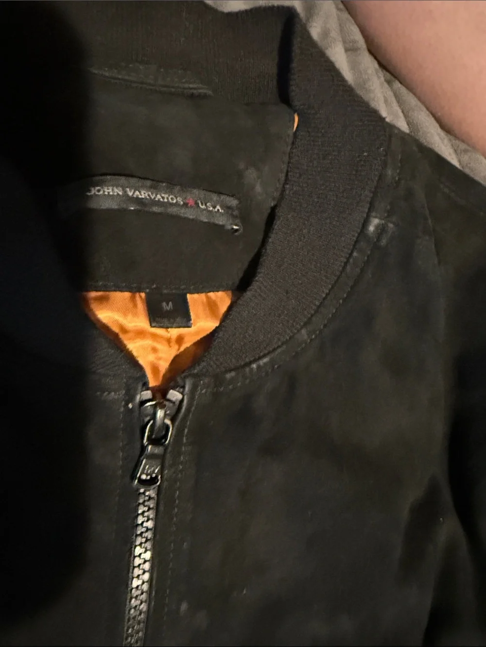John Varvatos Black Suede Bomber Jacket with Orange Lining